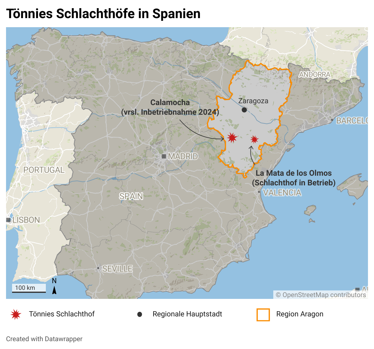 Karte von Spanien mit Tönnies Schlachthöfen, eigene Darstellung.