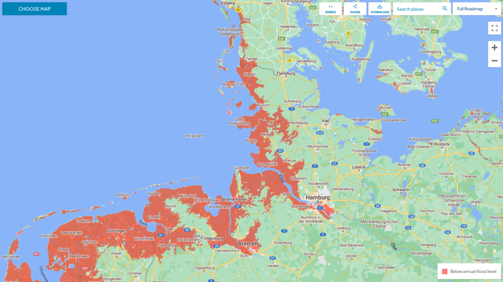 Bildschirmfoto vom 2023-03-13 14-13-46 Land projected to be below annual flood level in 2050. Source: www.climatecentral.org